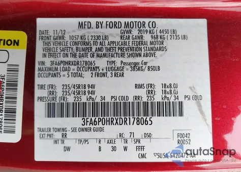 2013 Ford Fusion Se из США, поврежденный, VIN 3FA6P0HRXDR178065